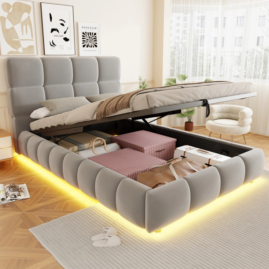 Letto imbottito 90x200 cm con contenitore idraulico e LED in velluto grigio