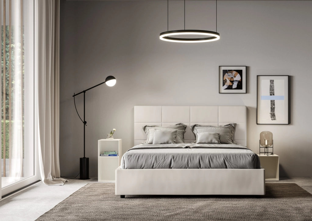 BS COM Letto queen size senza rete imbottito 150x200 similpelle bianco