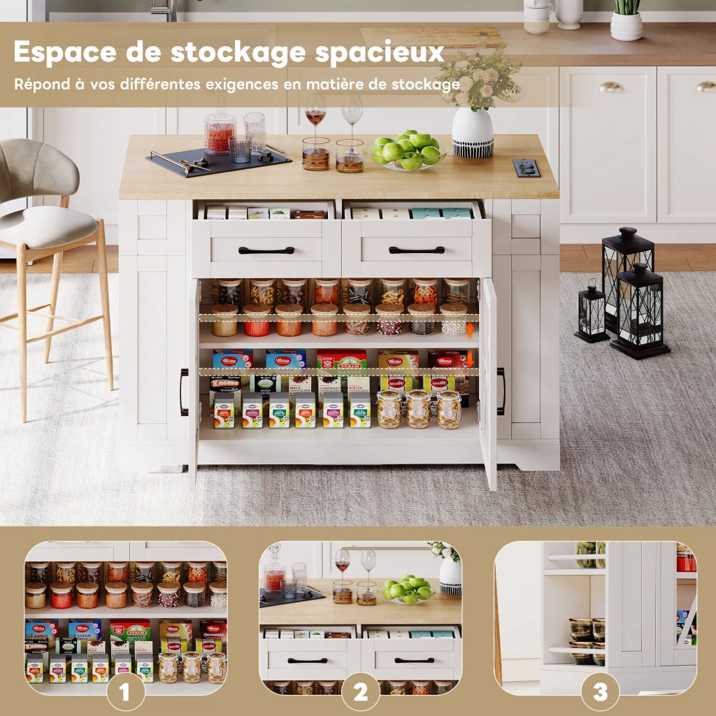 Isola da cucina con tavolo pieghevole prese e USB ante in vetro ruote con freno bianco naturale 120 × 40(65) × 92 cm