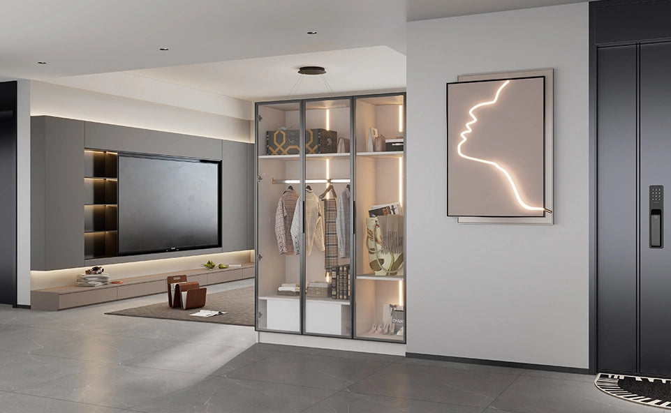 Armadio bianco spazioso con 3 ante in vetro, 1 cassetto, barra appendiabiti e luce LED - 110x50x160 cm