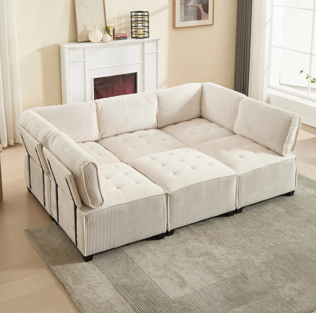 DIVANO Modulare 6 Posti in Velluto a Coste Beige Configurabile