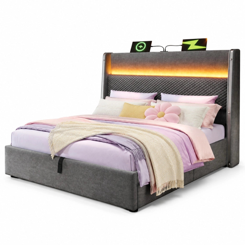 Letto matrimoniale contenitore 180 × 200 cm con testiera alta led usb type-c in lino grigio