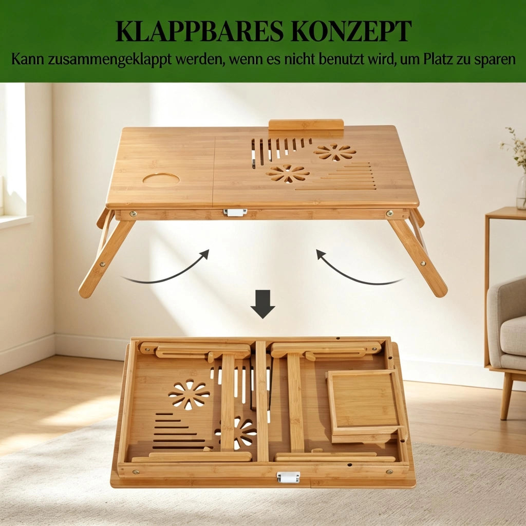 Tavolo pieghevole in bambù regolabile e inclinabile con piano ventilato e cassetto naturale 55 × 35 × 22-32.5 cm