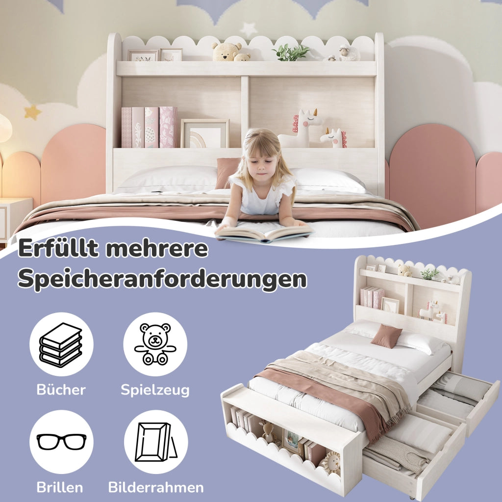 Letto singolo 90 x 200 cm con cassetti, ripiani e panca contenitore