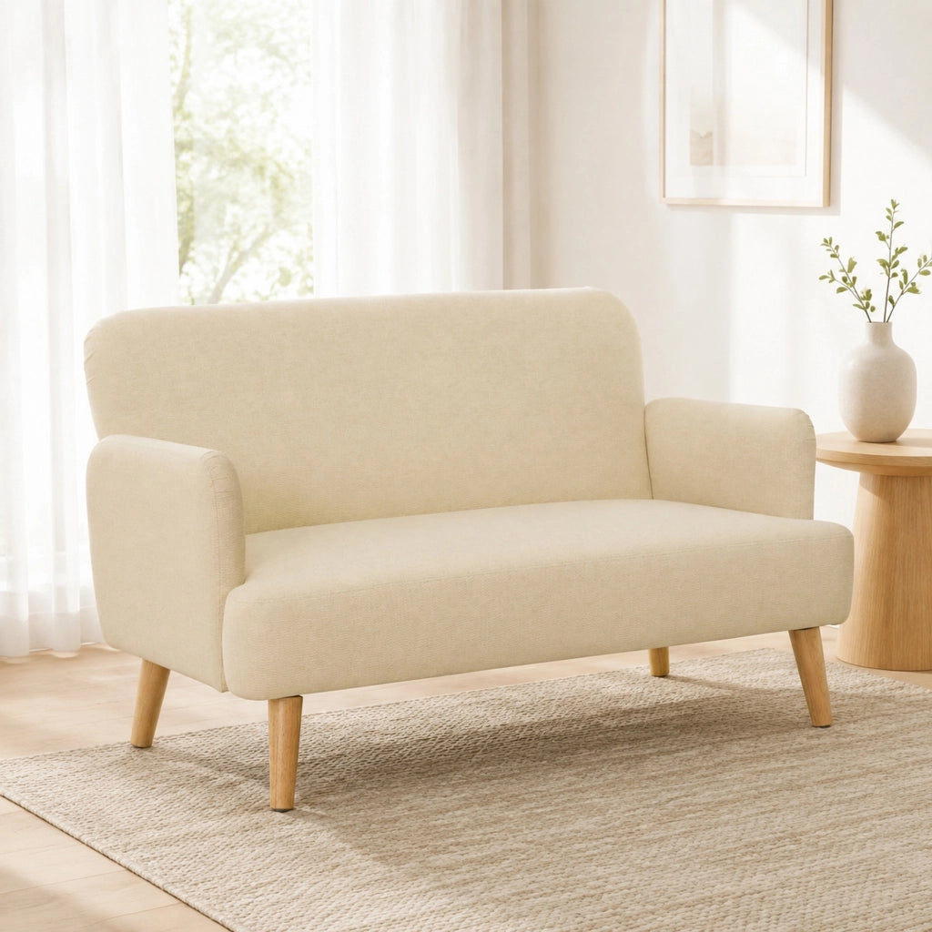 Divano 2 Posti Imbottito con Braccioli 130 x 74 x 79 cm Bianco Crema - per Soggiorno e Camera
