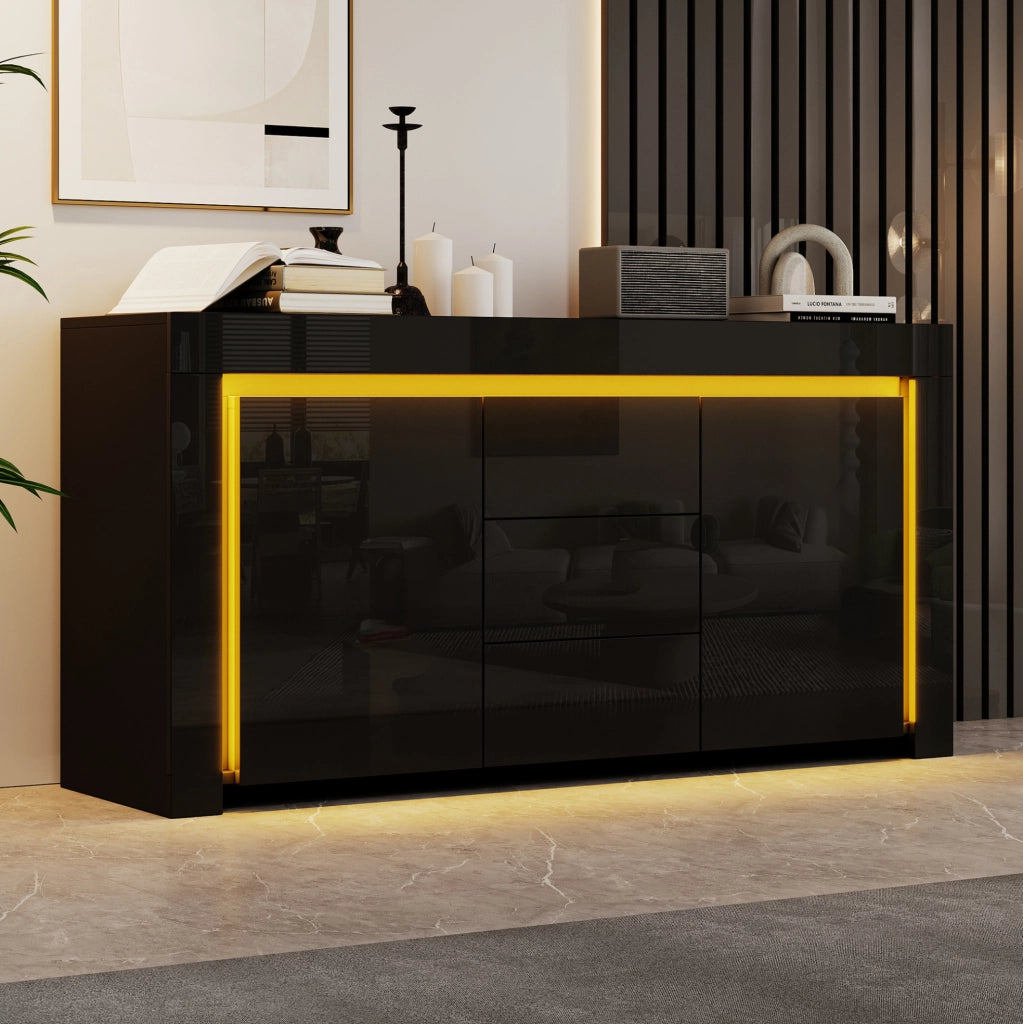 Sideboard nero lucido 140x40x65 cm con 3 cassetti, 2 ante e illuminazione LED regolabile