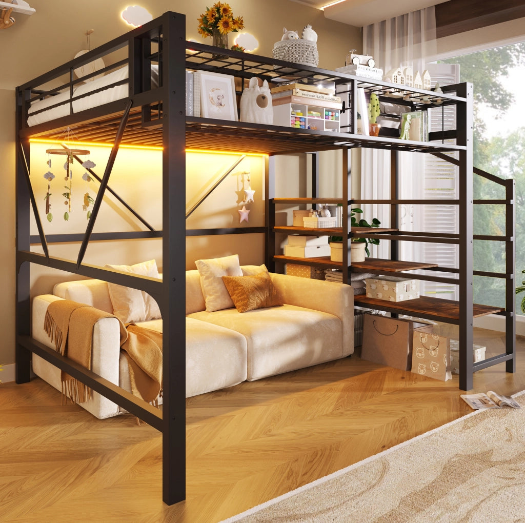 Letto a soppalco 140x200 cm con LED; scaffale a gradini e contenitore; nero