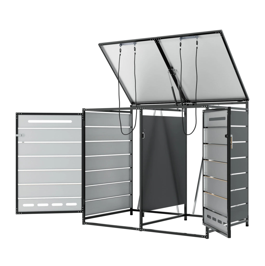 Cassonetto porta bidoni 2 scomparti in ferro con rivestimento effetto legno e coperchio idraulico, chiusura sicura, ventilazione anti odori