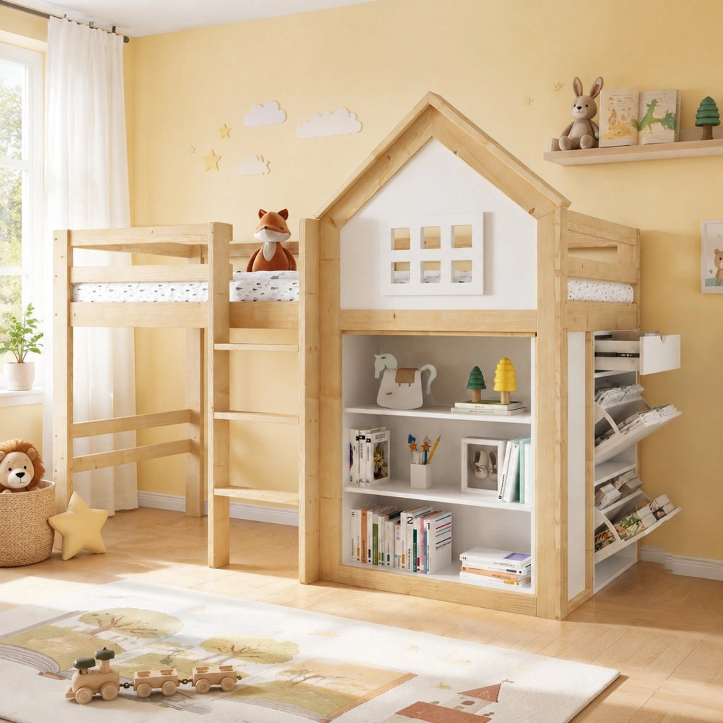 Letto a soppalco per bambini con cassetti e vani 90 x 200 cm
