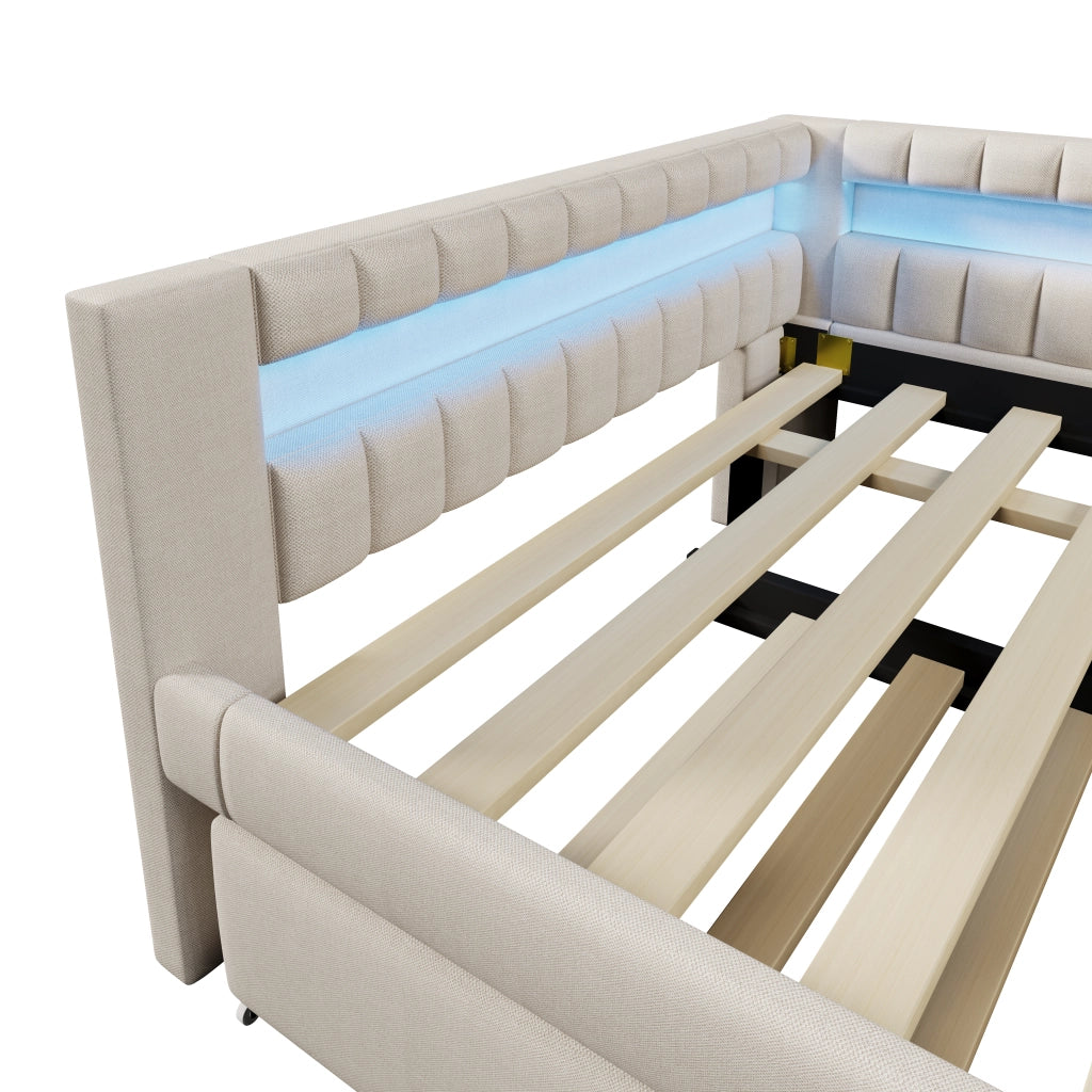 Letto divano 140x200 cm in lino beige con letto estraibile; LED; USB e USB-C