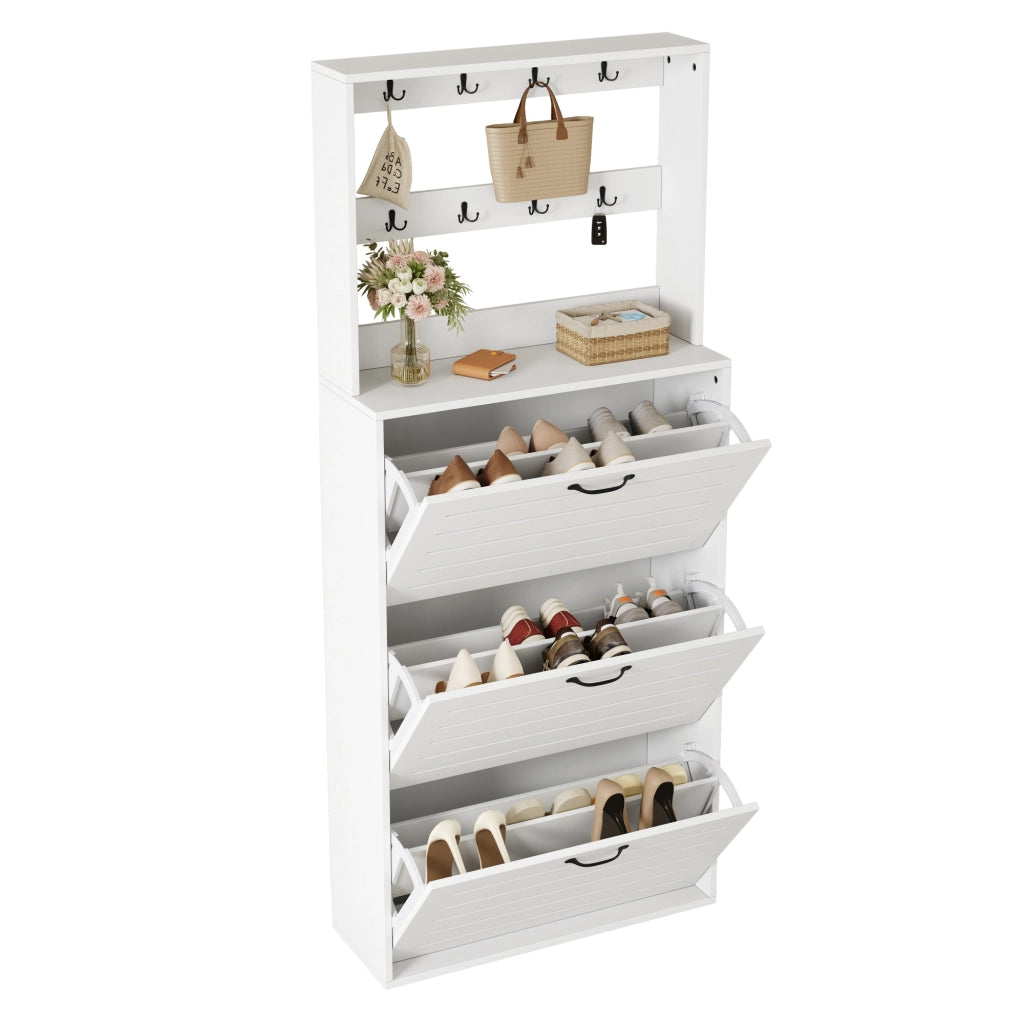 Scarpiera con 3 ripiani e 8 ganci per accessori, per ingresso e camera da letto, in truciolare bianco, 70 × 25 × 165 cm