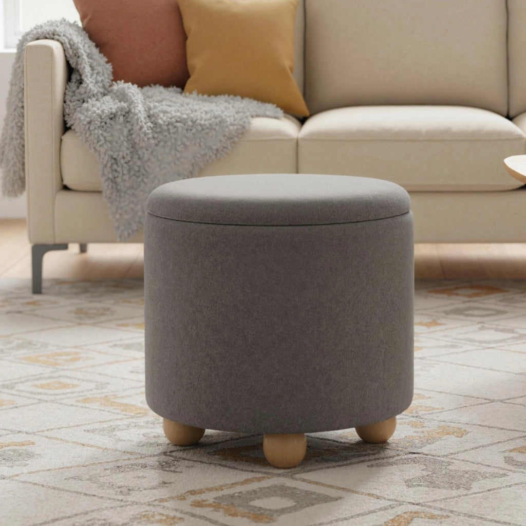 Pouf contenitore rotondo sgabello tessuto ciniglia coperchio rimovibile, Pouf contenitore spazio nascosto 35l Grigio-Sgabelli