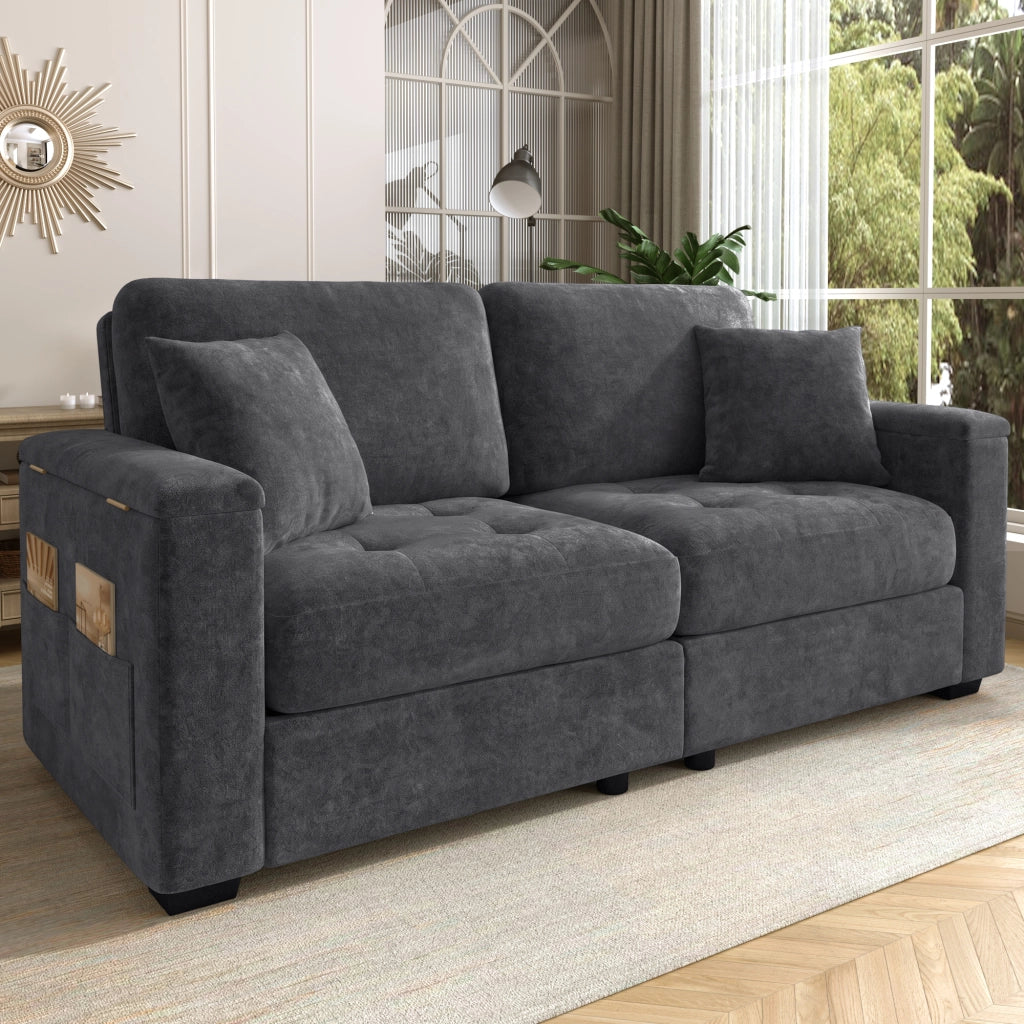 Divano 2 posti con contenitore nei braccioli e tasche laterali in chenille grigio scuro