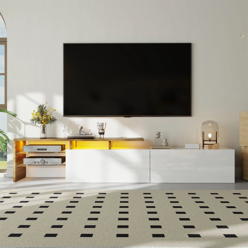Mobile TV moderno 170 cm bianco e naturale con ripiani in vetro e LED a 16 colori