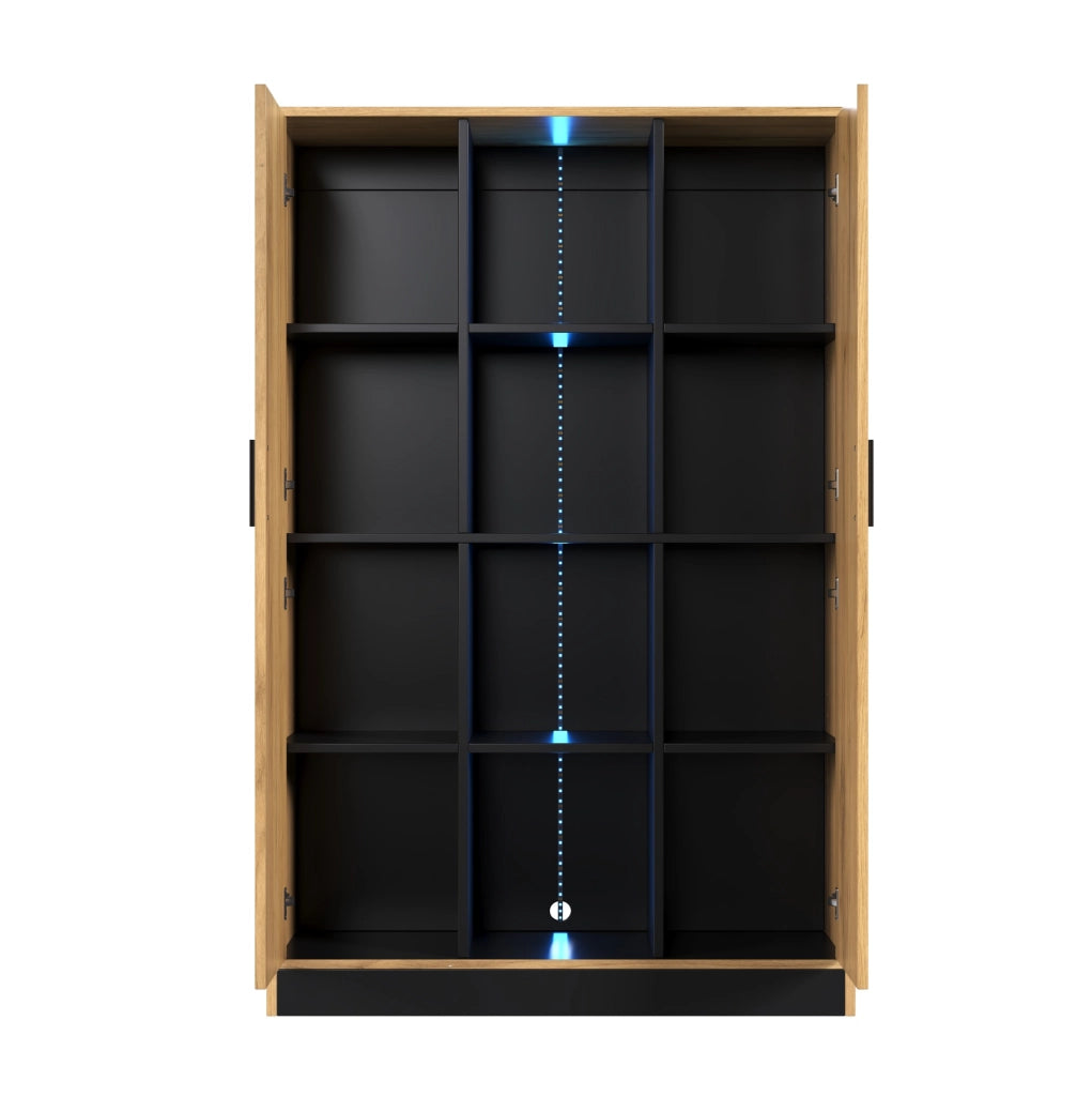 Vetrina 95x35x160 cm con LED controllabile via app; 2 ante e ripiani regolabili; rovere e nero