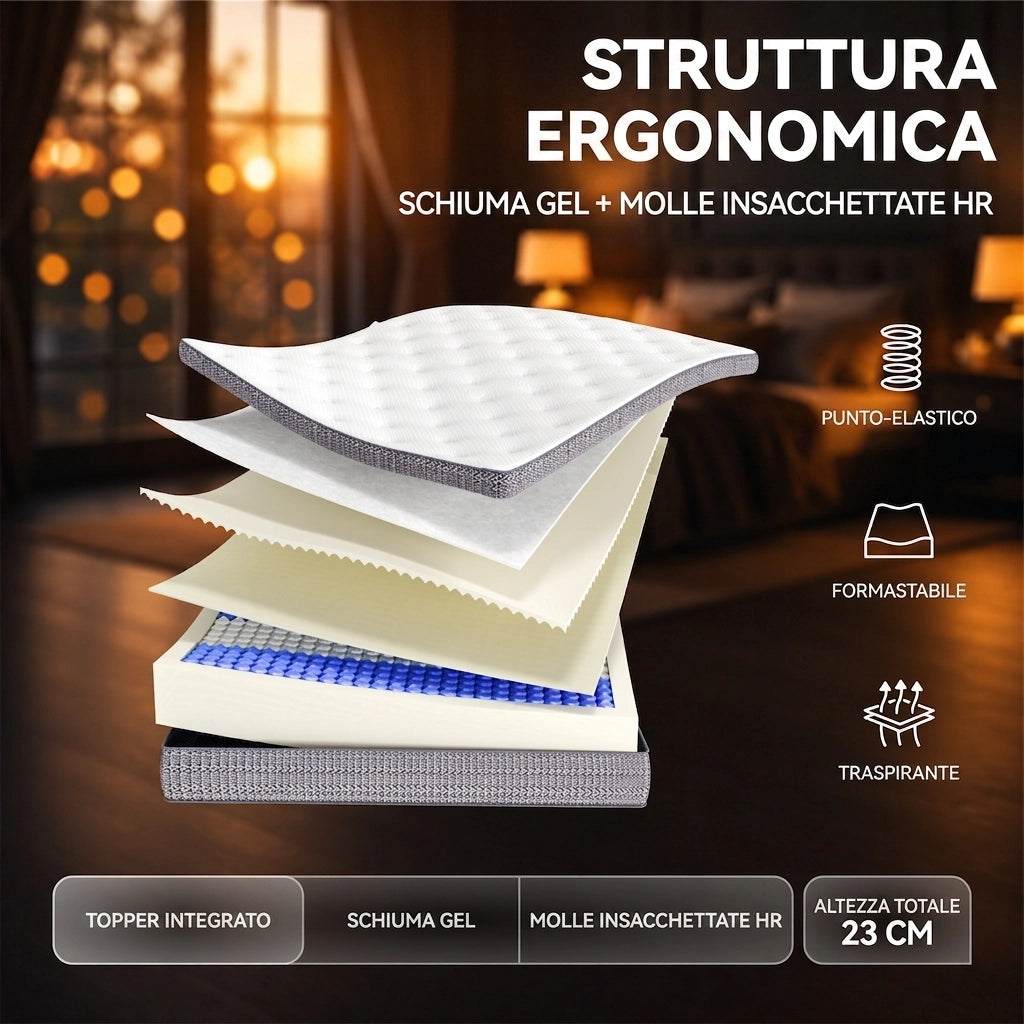 Materasso Matrimoniale Francese 140x200 Molle Insacchettate; Ergonomico 7 Zone; Schiuma e Molle; Bianco Antico