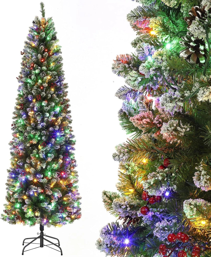 Albero di Natale 230cm con 350 LED RGBW Bicolore 9 Funzioni Bacche Rosse Pigne e Spina UE