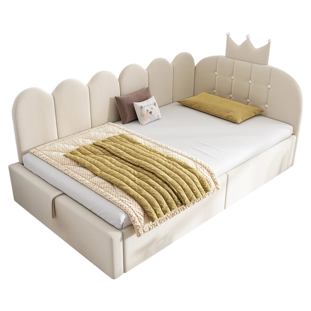 Divano Letto 90x190 con Contenitore; Letto Imbottito in Velluto Beige; Design a Corona a Forma di L
