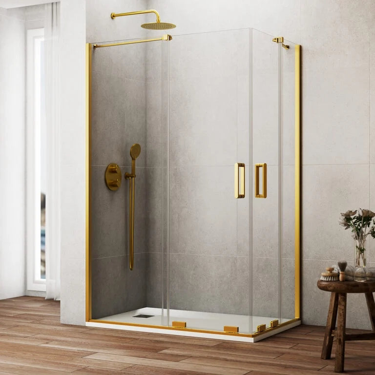 Box doccia angolare KENNA apertura al vertice 75x75 cm (70-75/70-75) oro spazzolato vetro trasparente