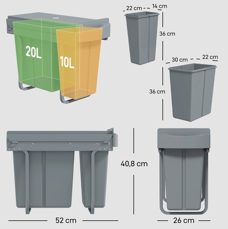 Pattumiera estraibile ULEVR da incasso 30 L con 2 secchi rimovibili 20+10 L, grigia