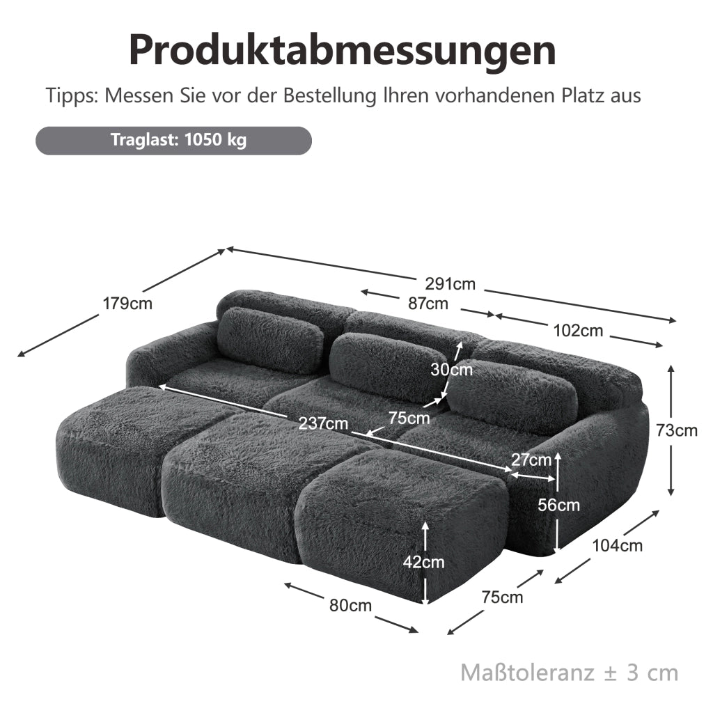 Divano modulare 3 posti in tessuto plush grigio con ottomana collegabile schienale curvo base antiscivolo