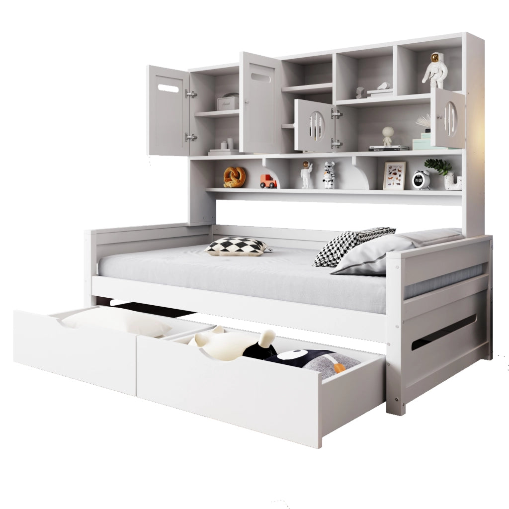 Letto con cassetti 90 × 200 cm con vano superiore multifunzione in legno di pino bianco con rete a doghe