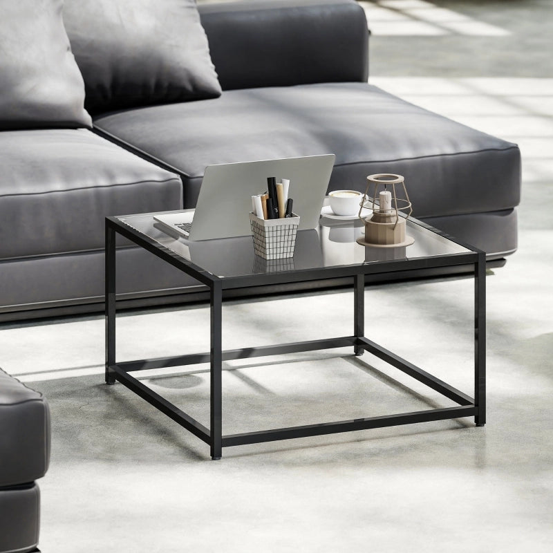 Tavolino basso fisso da soggiorno con piano in vetro temperato e struttura in acciaio nero 68 × 68 × 39 cm