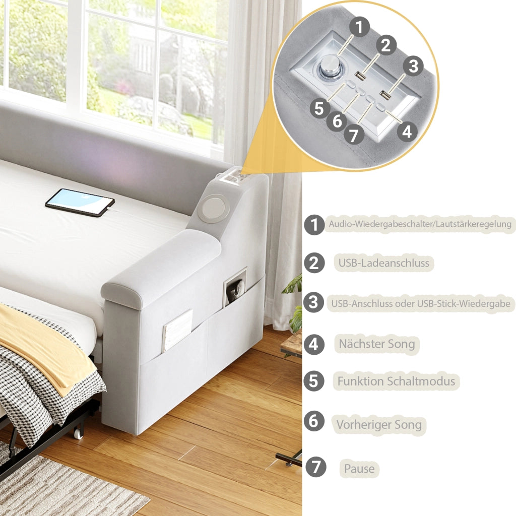 Divano letto 90 × 190 cm con apertura idraulica letto 180 × 190 cm; USB; Bluetooth; vani e rete a doghe