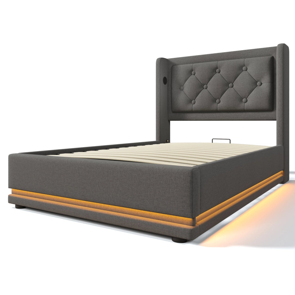 Letto singolo imbottito con contenitore 90x200 cm; cotone grigio; LED e USB Type-C