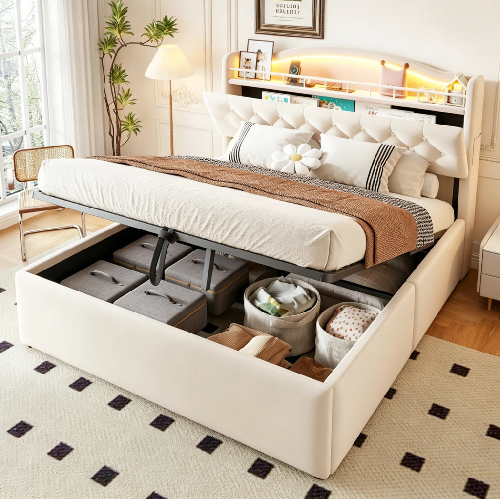 Letto matrimoniale contenitore 140x200 cm in velluto beige con LED; USB e USB-C HOMVRA