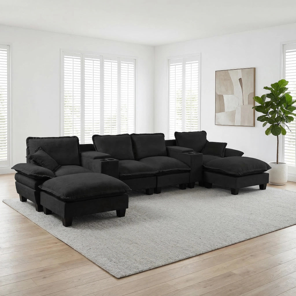 Divano Modulare U-Shape con Ottomane, Contenitore e Portabicchieri ¨C MINIMAL ¨C Chenille, Nero