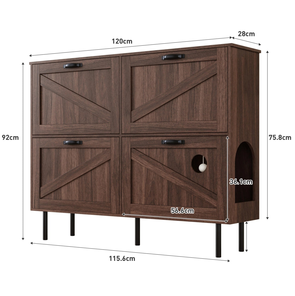 Scarpiera 120x28x92 cm con 4 ante; 3 vani a ribalta e gioco per gatti; noce naturale