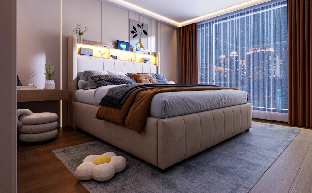 Letto imbottito matrimoniale 140x200 cm con LED e presa USB, testiera con ripiani e contenitore, sollevamento idraulico, per adulti, lino - Beige