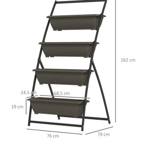 Supporto per piante a 4 livelli in acciaio con vasi in plastica, marrone, 76 x 79 x 162 cm