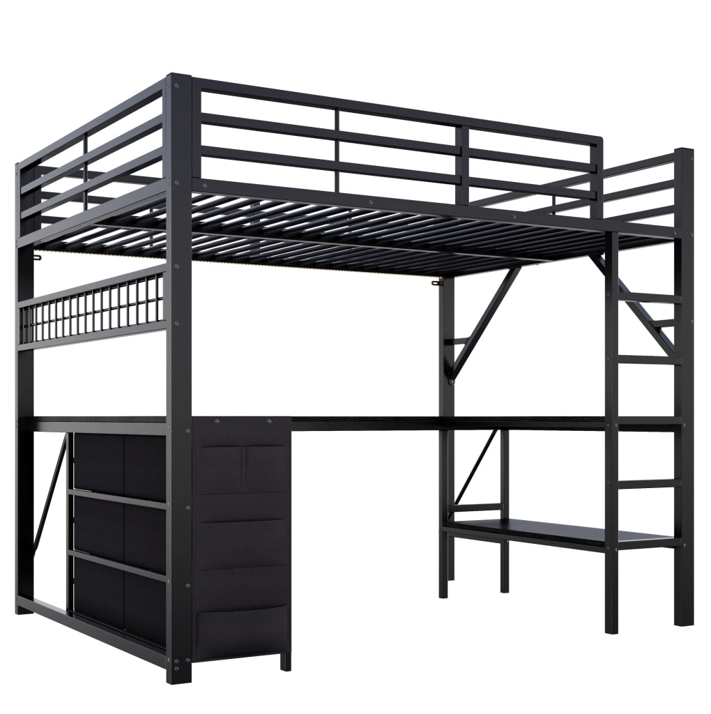 Letto a soppalco ULEVR 140x200 cm con scrivania, cassetti, ripiano LED e barra appendiabiti, nero
