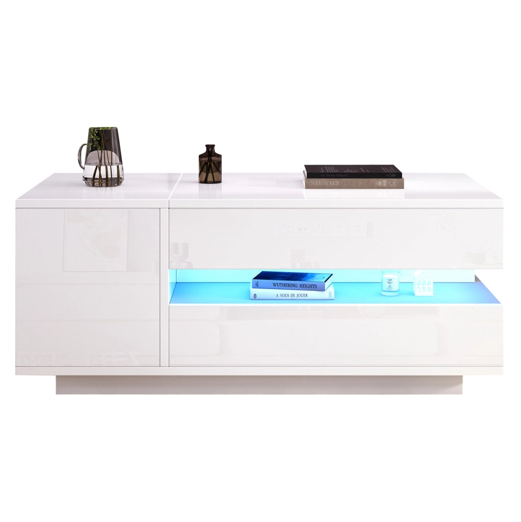 Tavolino da salotto elevabile 95x50x40 cm bianco lucido con LED e contenitore