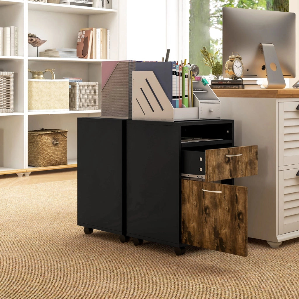 Cassettiera Portadocumenti da Ufficio Ripiano e 2 Cassetti 40x35x60 cm Marrone e Nero