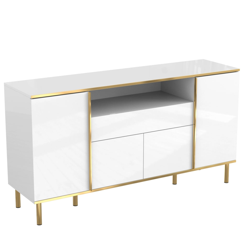 Credenza bianca lucida 150 cm con LED, 4 ante e cassetto
