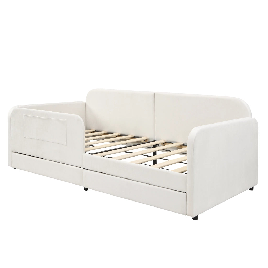 Letto per bambini singolo 90 × 200 cm con 2 cassetti e 3 tasche laterali, senza materasso, in velluto bianco