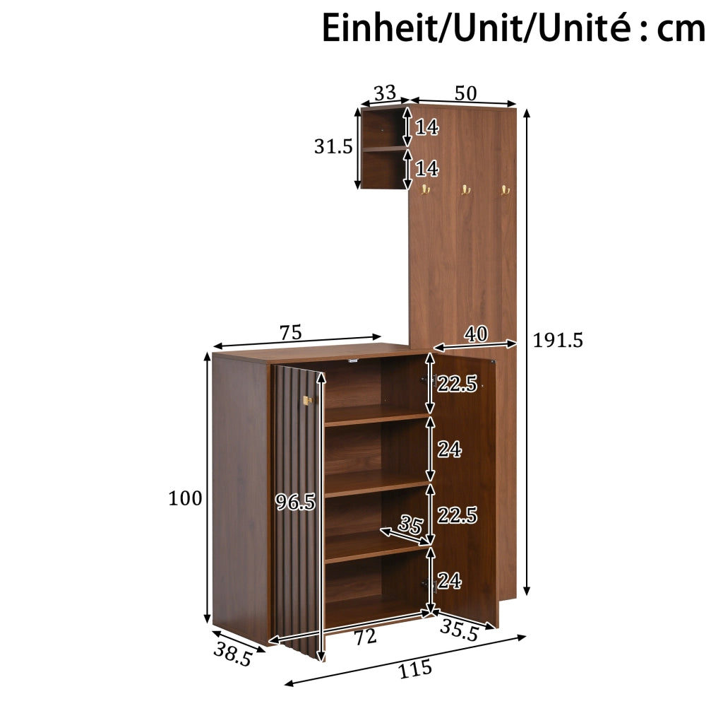 DESMIU Compact Garderobe aus MDF in Nussbaum mit Schuhschrank, Kleiderstange und Haken, 115x38,5x191,5 cm