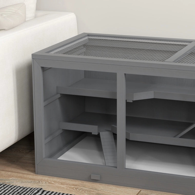Gabbia per piccoli animali a più livelli in legno grigia 115 × 57 × 55 cm con tetto regolabile e vassoio lavabile
