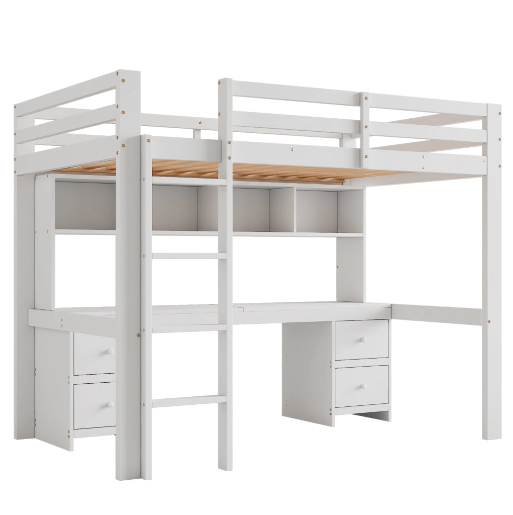 Letto a soppalco per bambini 90x200 cm in legno di pino bianco con scrivania e ampio spazio di stoccaggio