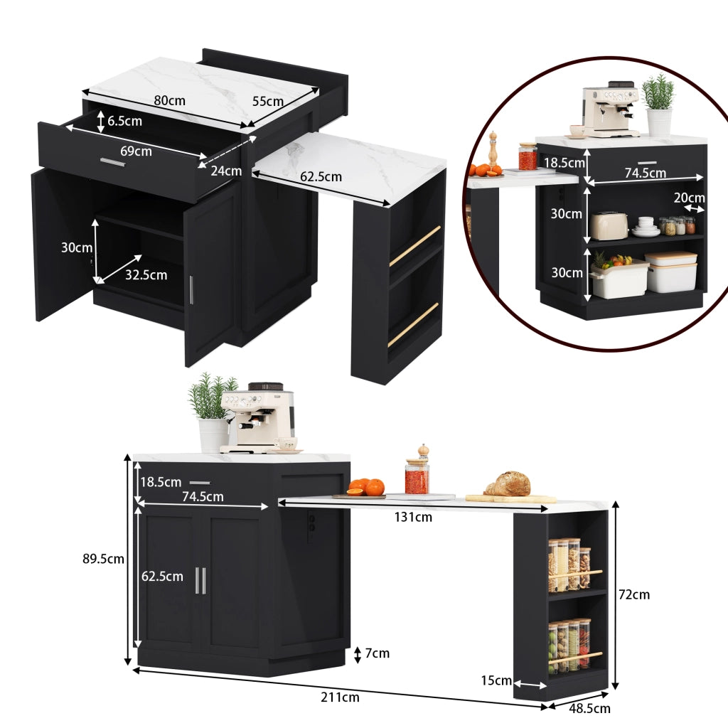 Mobile base da cucina con tavolo estraibile per 2–6 persone; prese USB; nero 211 × 55 × 89.5 cm