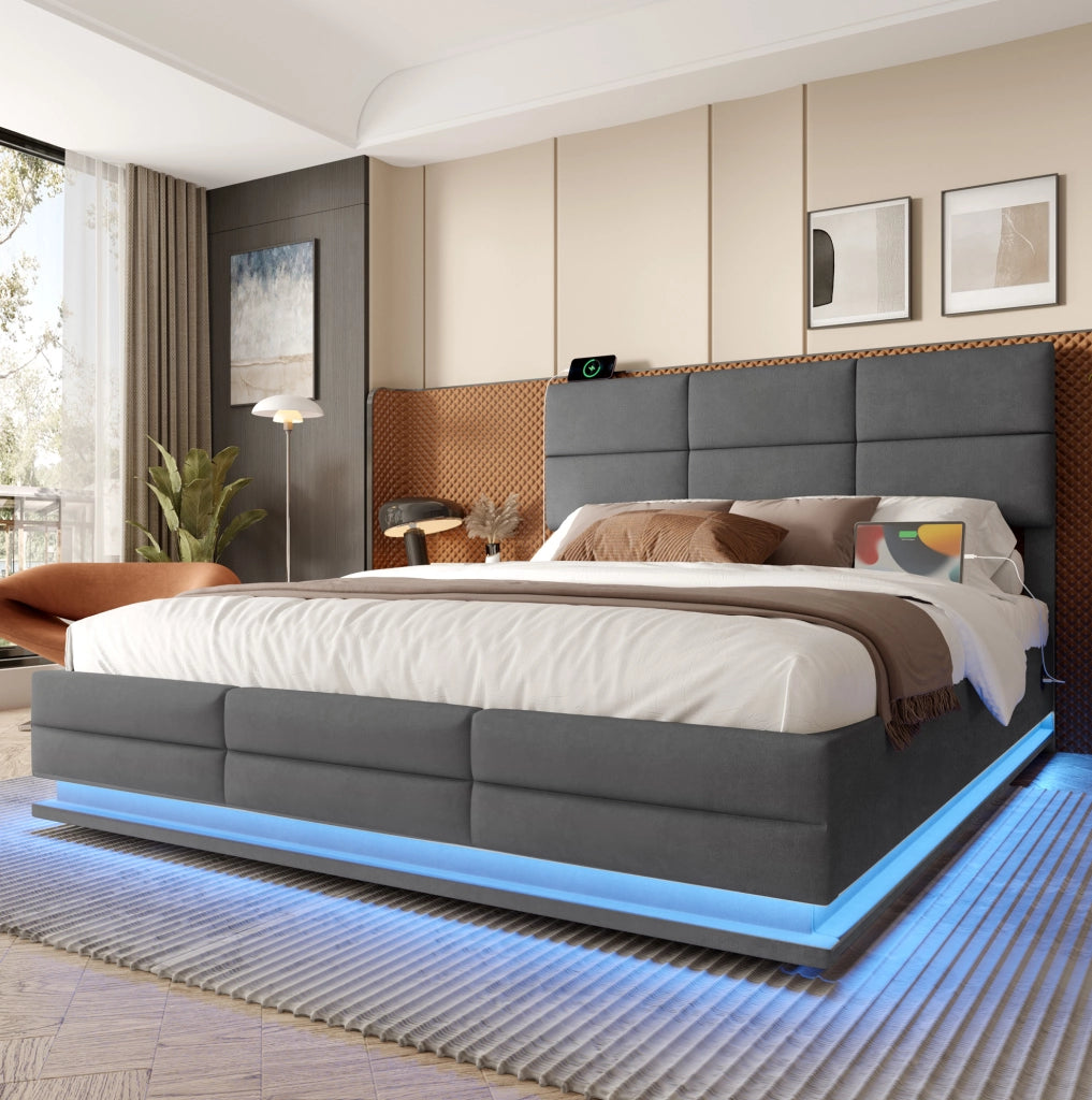 Letto contenitore 180x200 cm in velluto grigio con testiera regolabile; LED dimmerabile e USB