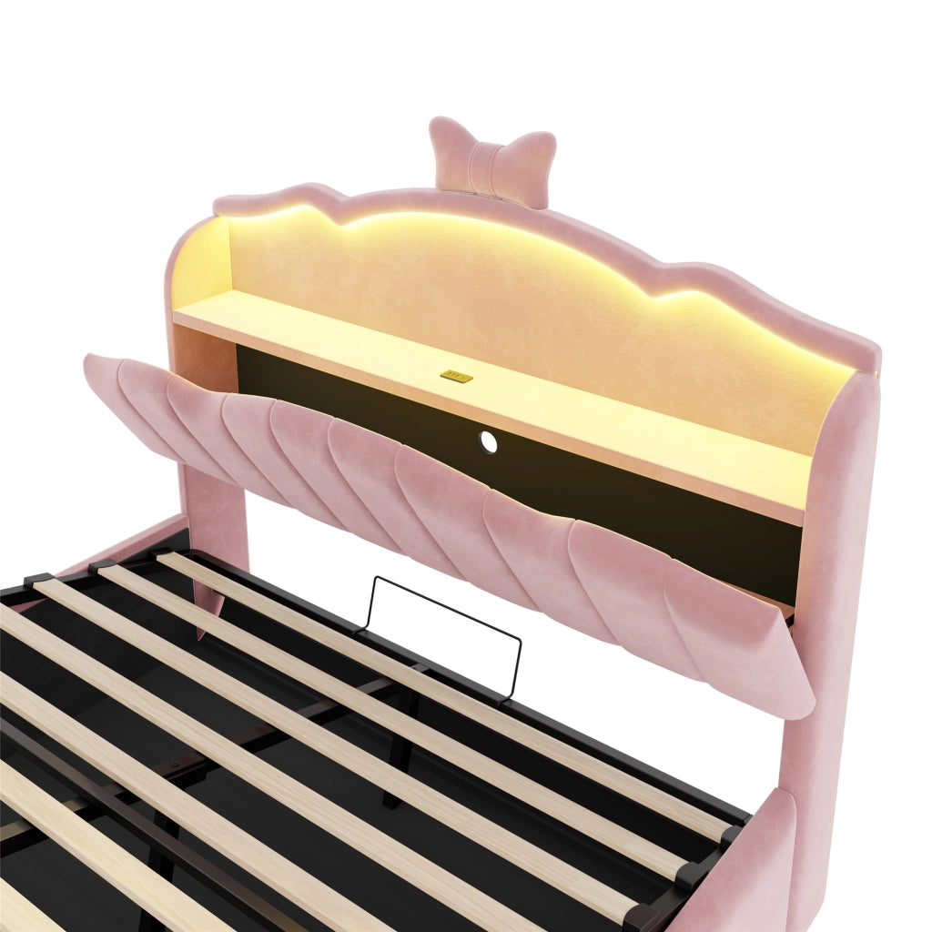 LETTO imbottito 140x200 cm in velluto rosa con contenitore