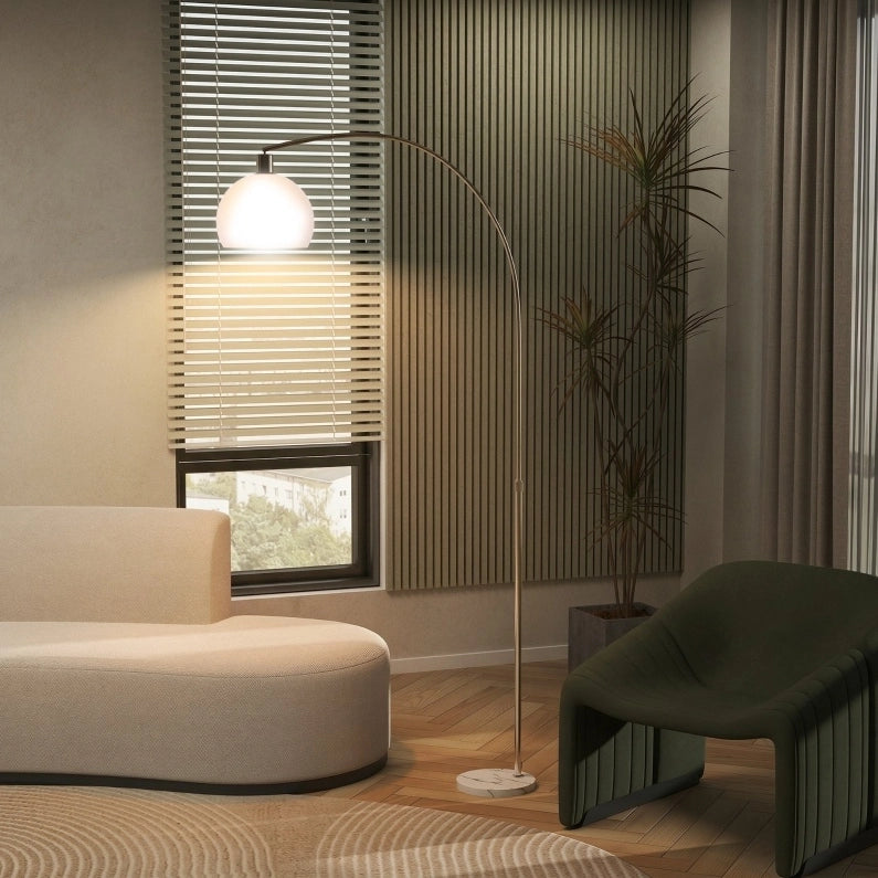 Lampada da Terra con Base in Marmo, Paralume in Plastica Bianco, Interruttore a Pedale, Design con Testa Curva