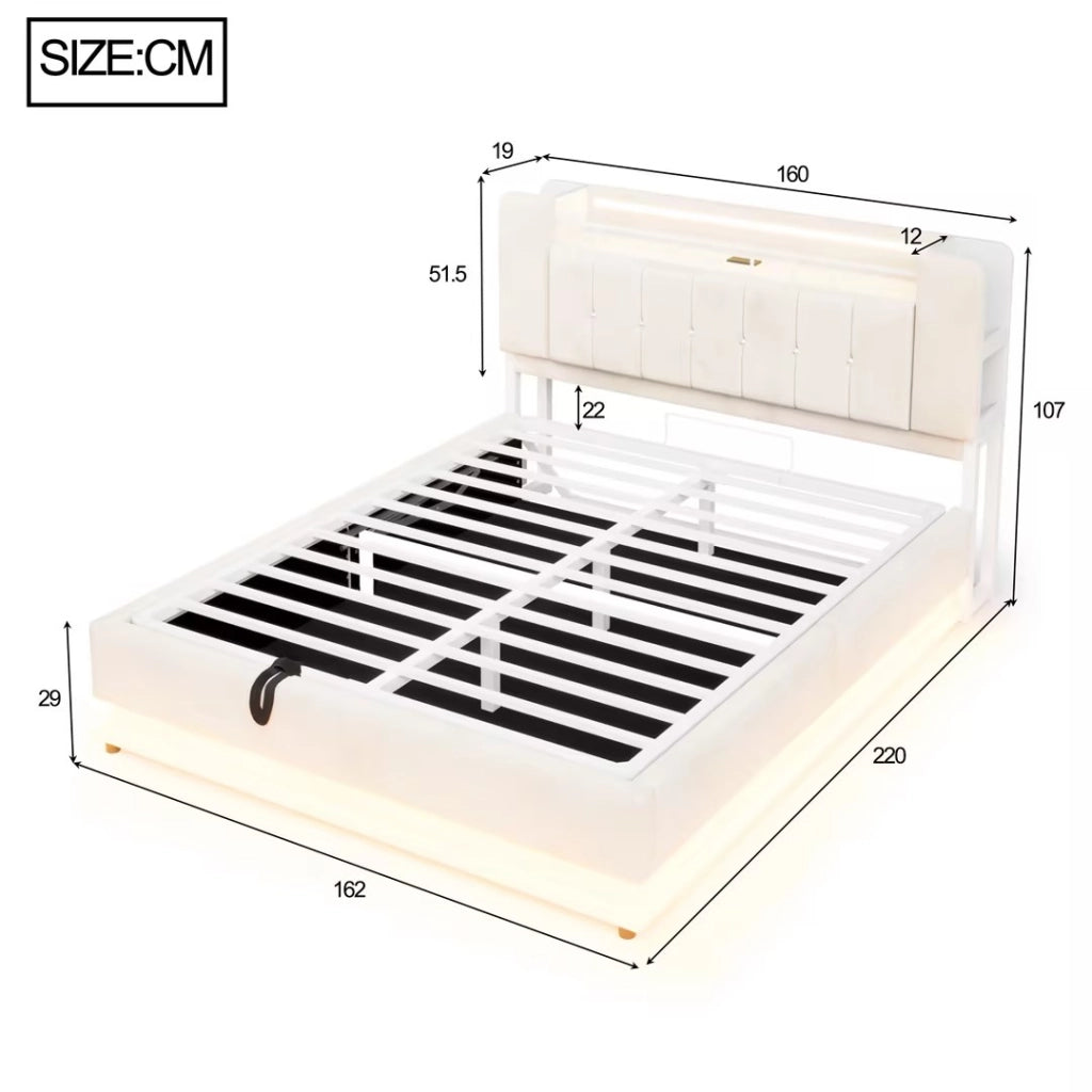 Letto imbottito 160 ¡Á 200 cm con LED USB contenitore idraulico in velluto beige rete a doghe in metallo