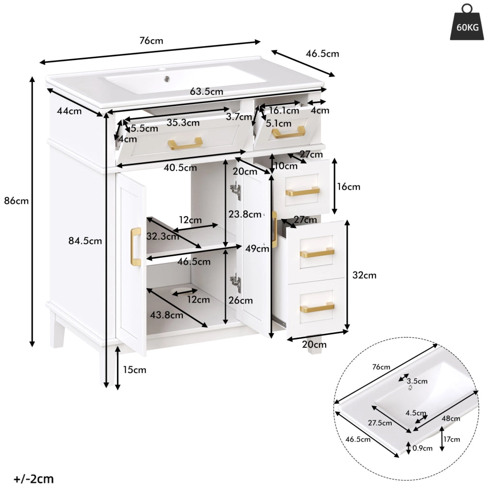 Mobile sottolavabo 76x46,5x86 cm bianco MDF con lavabo in ceramica e ante soft-close