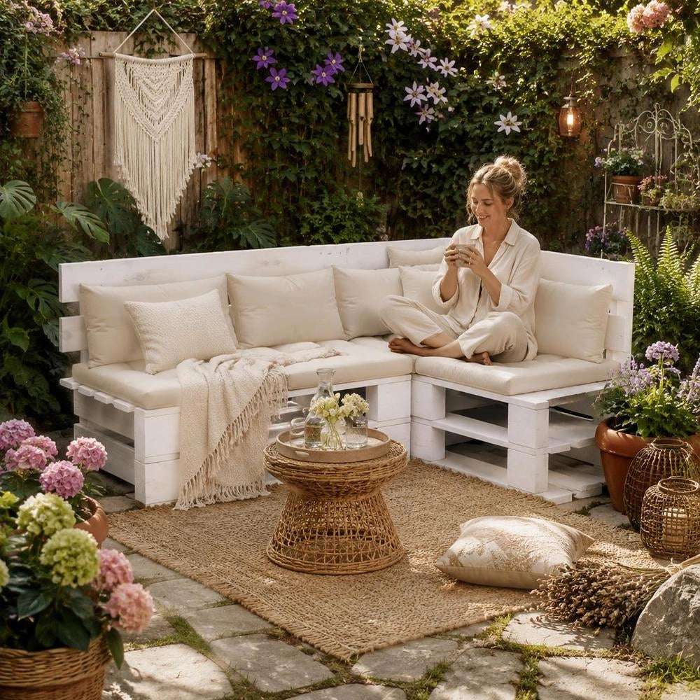 Outdoor Corner Bench, Pallet Wood, White
