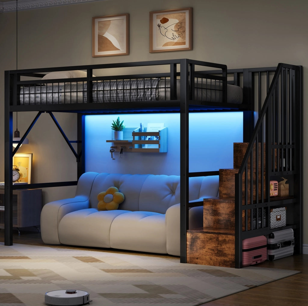 Letto a soppalco 90x200 cm con struttura in ferro, LED integrati e scaletta con contenitori, senza materasso, nero